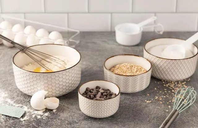 Alt view image 6 of 7 - Serving Bowls, with Lids, Ceramic Nesting Bowls, Set of 4, Embossed, Kitchen, Prep, Stackable, Gift, Microwave and Dishwasher Safe, 10/16/29/47 oz, Narbonne Collection (Ivory)