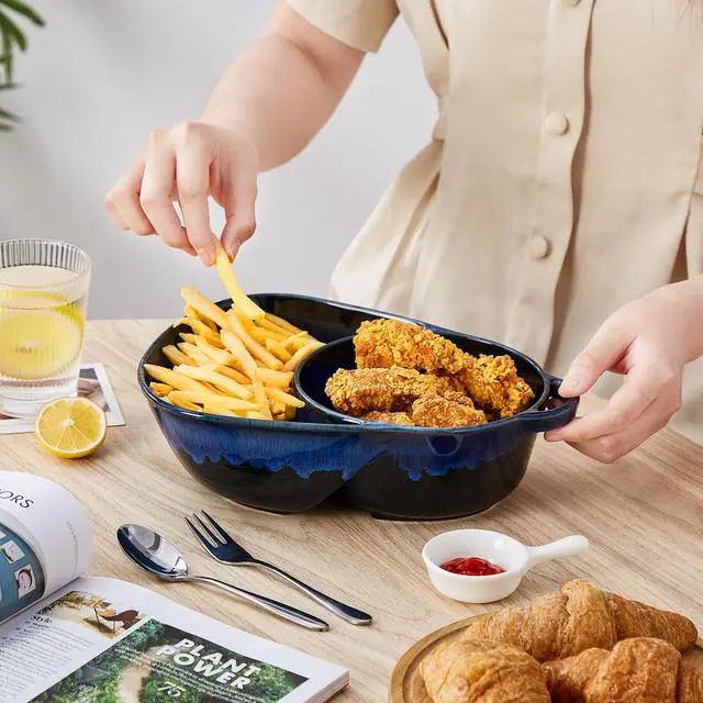 Alt view image 5 of 7 - Starry Chip and Dip Bowl, Anti-Soggy Cereal Bowl, Soup and Sandwich Plate Combo, Breakfast Powls, Divided Snack Bowls Gifts for Wedding Housewarming Party, 2 Pack(Blue)