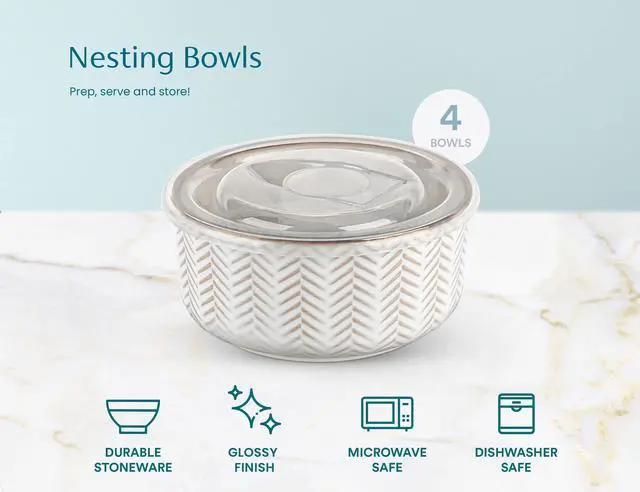 Alt view image 7 of 7 - Serving Bowls, with Lids, Ceramic Nesting Bowls, Set of 4, Embossed, Kitchen, Prep, Stackable, Gift, Microwave and Dishwasher Safe, 10/16/29/47 oz, Narbonne Collection (Ivory)
