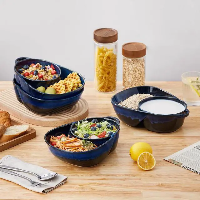 Alt view image 6 of 7 - Starry Chip and Dip Bowl, Anti-Soggy Cereal Bowl, Soup and Sandwich Plate Combo, Breakfast Powls, Divided Snack Bowls Gifts for Wedding Housewarming Party, 2 Pack(Blue)