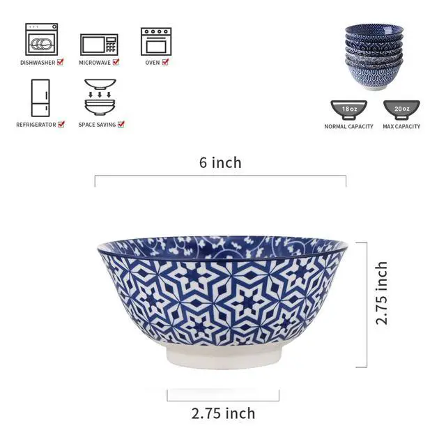 Alt view image 2 of 7 - Blue and White Porcelain 20oz Cereal Bowl Set - Set of 6, 6 inch Soup Bowls, Ceramic bowls for Cereal, Soup, Salad and Pasta, Vintage Blue