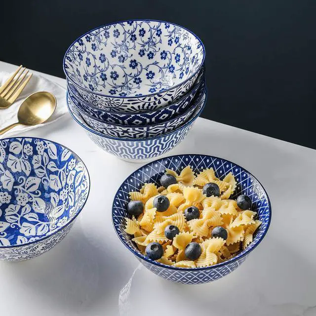 Alt view image 7 of 7 - Blue and White Porcelain 20oz Cereal Bowl Set - Set of 6, 6 inch Soup Bowls, Ceramic bowls for Cereal, Soup, Salad and Pasta, Vintage Blue