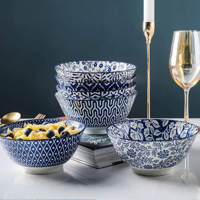 Alt view image 6 of 7 - Blue and White Porcelain 20oz Cereal Bowl Set - Set of 6, 6 inch Soup Bowls, Ceramic bowls for Cereal, Soup, Salad and Pasta, Vintage Blue