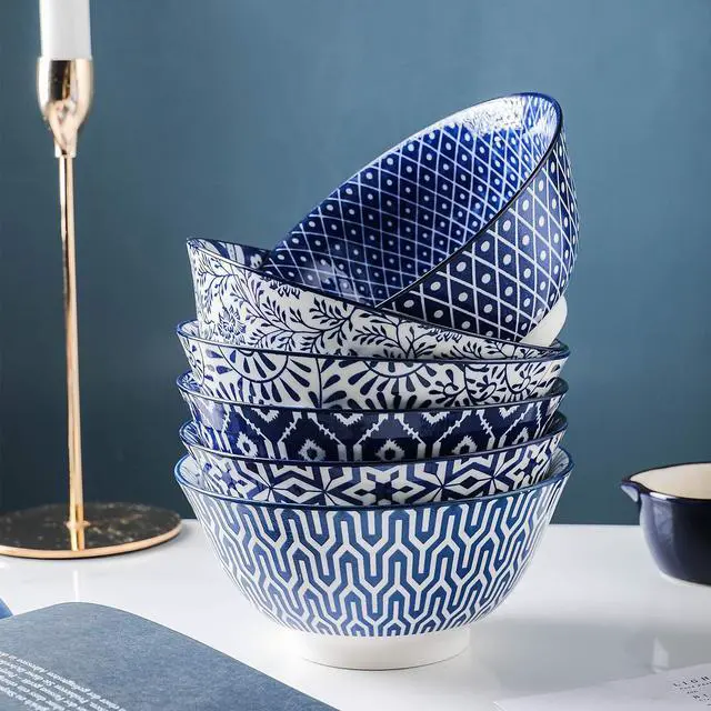 Alt view image 5 of 7 - Blue and White Porcelain 20oz Cereal Bowl Set - Set of 6, 6 inch Soup Bowls, Ceramic bowls for Cereal, Soup, Salad and Pasta, Vintage Blue