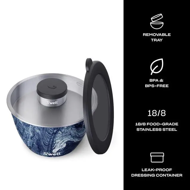 Alt view image 3 of 5 - Stainless Steel 64oz Salad Bowl Kit, Azurite Color, Includes 2oz Condiment Container and Removable Tray, Leak-Proof, Easy to Clean, Dishwasher Safe