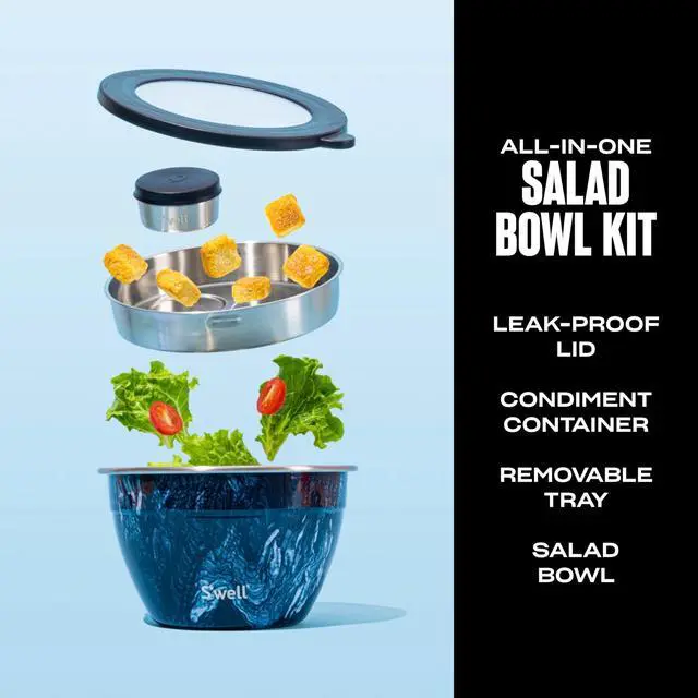 Alt view image 2 of 5 - Stainless Steel 64oz Salad Bowl Kit, Azurite Color, Includes 2oz Condiment Container and Removable Tray, Leak-Proof, Easy to Clean, Dishwasher Safe