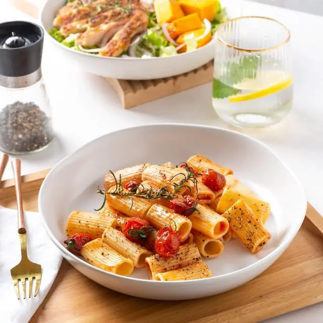 Alt view image 3 of 7 - 9.75'' Ceramic Large Pasta Bowls, 38oz Stoneware Flat Serving Bowls Set of 4, Oven,Microwave&Dishwasher Safe Bowls with Wavy Rim for Fruit Pasta Salad Meal, Matte White