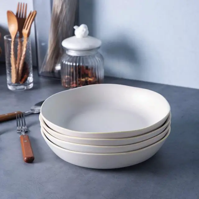 Alt view image 5 of 7 - 9.75'' Ceramic Large Pasta Bowls, 38oz Stoneware Flat Serving Bowls Set of 4, Oven,Microwave&Dishwasher Safe Bowls with Wavy Rim for Fruit Pasta Salad Meal, Matte White