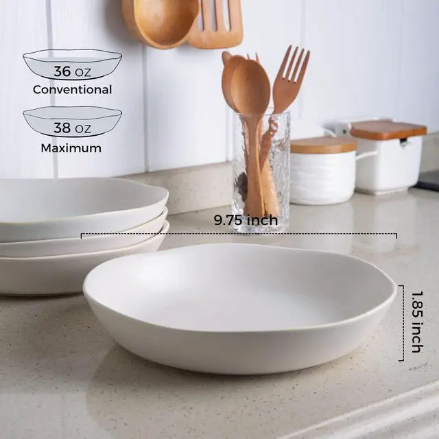 Alt view image 2 of 7 - 9.75'' Ceramic Large Pasta Bowls, 38oz Stoneware Flat Serving Bowls Set of 4, Oven,Microwave&Dishwasher Safe Bowls with Wavy Rim for Fruit Pasta Salad Meal, Matte White