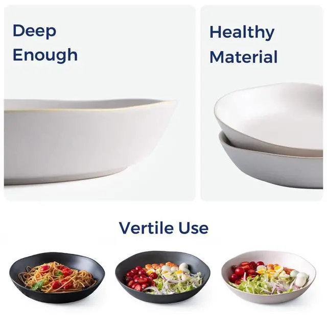 Alt view image 6 of 7 - 9.75'' Ceramic Large Pasta Bowls, 38oz Stoneware Flat Serving Bowls Set of 4, Oven,Microwave&Dishwasher Safe Bowls with Wavy Rim for Fruit Pasta Salad Meal, Matte White