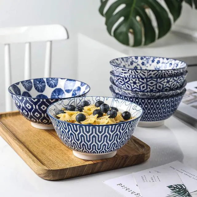 Alt view image 3 of 7 - Blue and White Porcelain 20oz Cereal Bowl Set - Set of 6, 6 inch Soup Bowls, Ceramic bowls for Cereal, Soup, Salad and Pasta, Vintage Blue