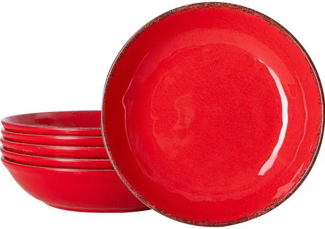 Main image of Vintage Melamine Pasta Bowls, Set of 6, 9.25 inch Large Salad Bowls, Unbreakable 100% Melamine Serving Bowls Set for Dinner, 42 oz Wide and Shallow Bowls Set, Dishwasher Safe, Red