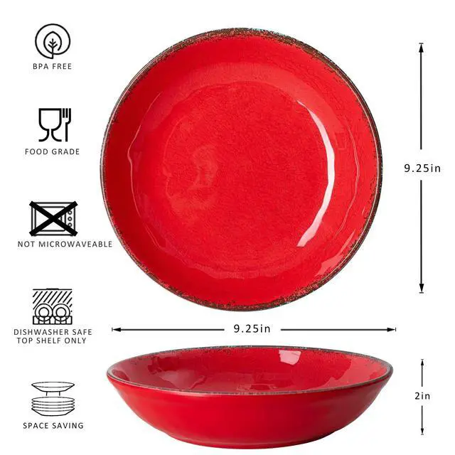 Alt view image 4 of 7 - Vintage Melamine Pasta Bowls, Set of 6, 9.25 inch Large Salad Bowls, Unbreakable 100% Melamine Serving Bowls Set for Dinner, 42 oz Wide and Shallow Bowls Set, Dishwasher Safe, Red
