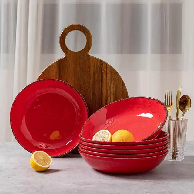 Alt view image 3 of 7 - Vintage Melamine Pasta Bowls, Set of 6, 9.25 inch Large Salad Bowls, Unbreakable 100% Melamine Serving Bowls Set for Dinner, 42 oz Wide and Shallow Bowls Set, Dishwasher Safe, Red