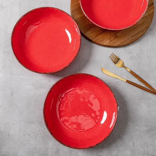 Alt view image 2 of 7 - Vintage Melamine Pasta Bowls, Set of 6, 9.25 inch Large Salad Bowls, Unbreakable 100% Melamine Serving Bowls Set for Dinner, 42 oz Wide and Shallow Bowls Set, Dishwasher Safe, Red