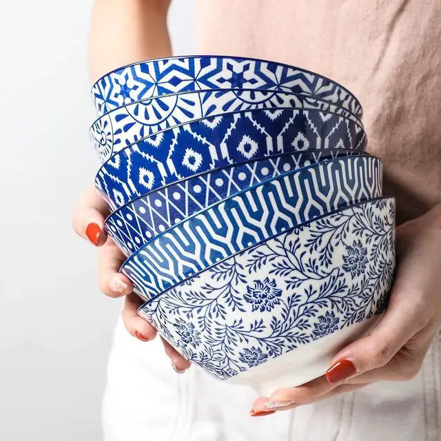 Alt view image 4 of 7 - Blue and White Porcelain 20oz Cereal Bowl Set - Set of 6, 6 inch Soup Bowls, Ceramic bowls for Cereal, Soup, Salad and Pasta, Vintage Blue