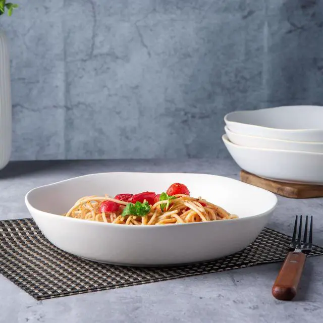 Alt view image 4 of 7 - 9.75'' Ceramic Large Pasta Bowls, 38oz Stoneware Flat Serving Bowls Set of 4, Oven,Microwave&Dishwasher Safe Bowls with Wavy Rim for Fruit Pasta Salad Meal, Matte White