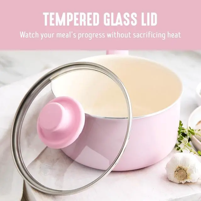 Alt view image 3 of 5 - 2.5QT Nonstick Saucepan with Glass Lid, Soft Grip, PFAS-Free Ceramic, Multipurpose Chef Pan, Milk & Sauce Cooking Pot, Dishwasher & Oven Safe to 350F, Stay-Cool Handle, Pink