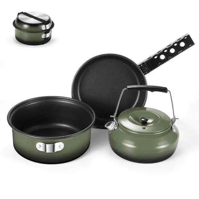Alt view image 2 of 7 - 5pcs Camping Cookware Non-Stick Camping Pot and Pan Set with Kettle and Removable Handle for Hiking Backpacking and Picnic(Green)