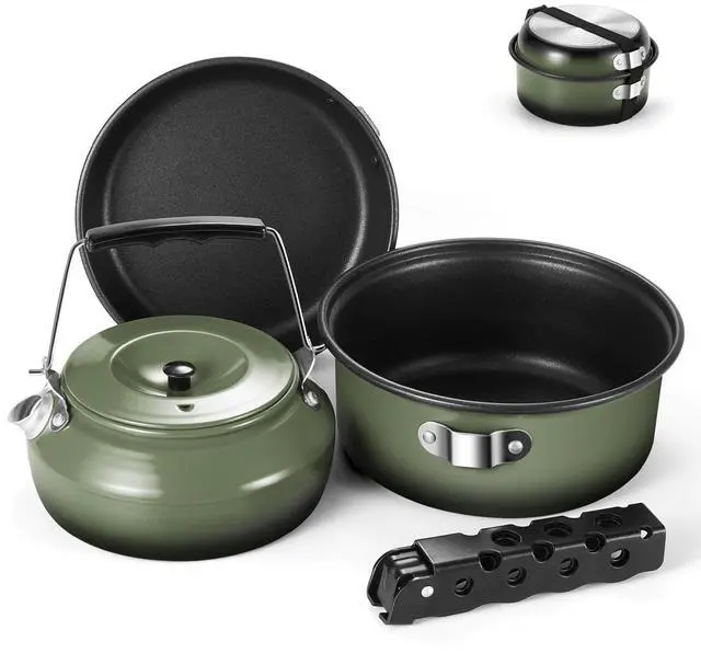 Main image of 5pcs Camping Cookware Non-Stick Camping Pot and Pan Set with Kettle and Removable Handle for Hiking Backpacking and Picnic(Green)