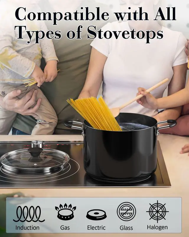 Alt view image 3 of 7 - Professional 8 Quart Nonstick Stock Pot with Lid, Riveted Handles, Big Soup Pot for Holiday Feasts, Stockpot with Even Heating, Induction Cookware, Oven & Dishwasher Safe, Black
