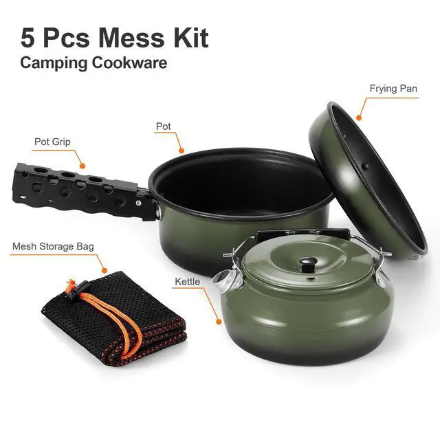 Alt view image 4 of 7 - 5pcs Camping Cookware Non-Stick Camping Pot and Pan Set with Kettle and Removable Handle for Hiking Backpacking and Picnic(Green)