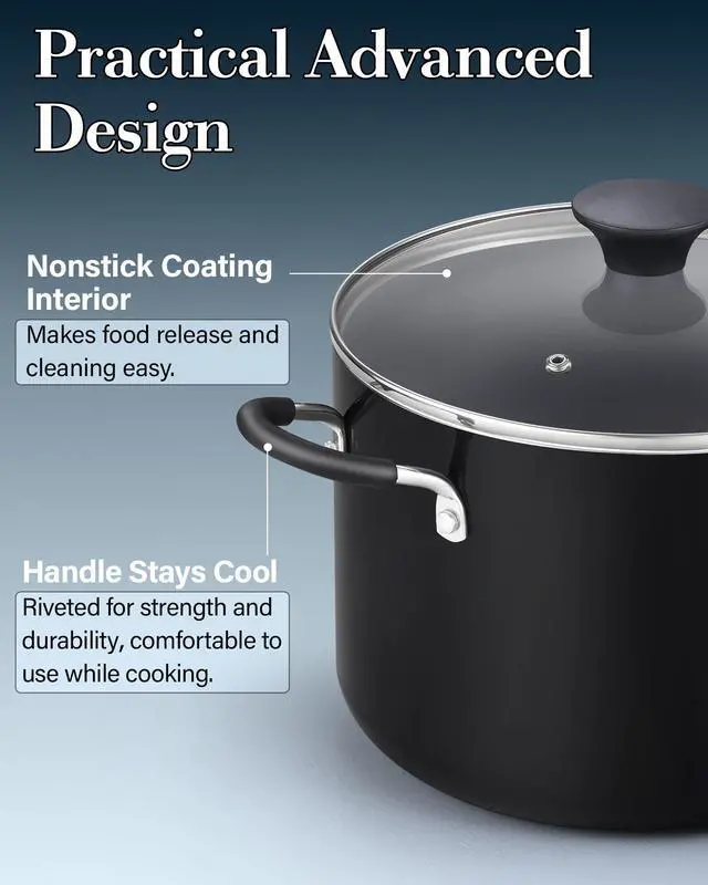 Alt view image 6 of 7 - Professional 8 Quart Nonstick Stock Pot with Lid, Riveted Handles, Big Soup Pot for Holiday Feasts, Stockpot with Even Heating, Induction Cookware, Oven & Dishwasher Safe, Black