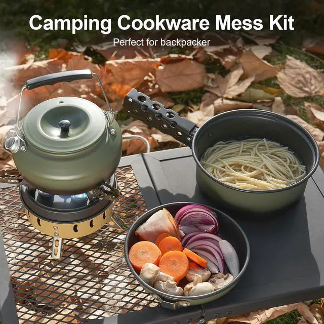 Alt view image 3 of 7 - 5pcs Camping Cookware Non-Stick Camping Pot and Pan Set with Kettle and Removable Handle for Hiking Backpacking and Picnic(Green)