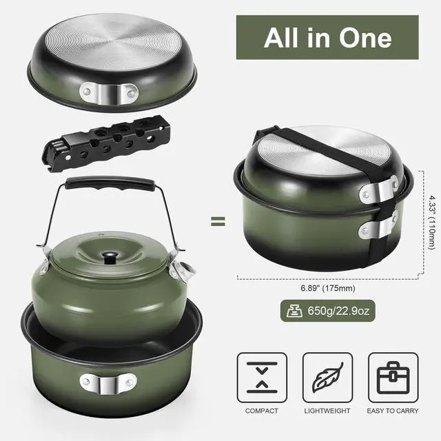 Alt view image 5 of 7 - 5pcs Camping Cookware Non-Stick Camping Pot and Pan Set with Kettle and Removable Handle for Hiking Backpacking and Picnic(Green)