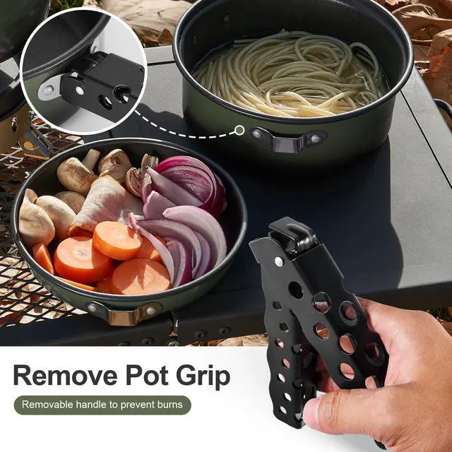 Alt view image 7 of 7 - 5pcs Camping Cookware Non-Stick Camping Pot and Pan Set with Kettle and Removable Handle for Hiking Backpacking and Picnic(Green)