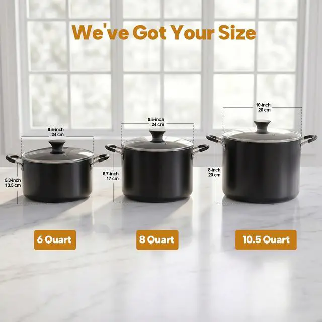 Alt view image 2 of 7 - Professional 8 Quart Nonstick Stock Pot with Lid, Riveted Handles, Big Soup Pot for Holiday Feasts, Stockpot with Even Heating, Induction Cookware, Oven & Dishwasher Safe, Black