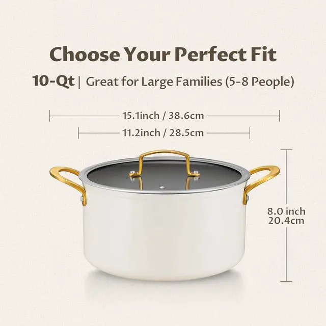 Alt view image 2 of 7 - 10 Quart Cooking Pot with Ceramic Coating, Non-Stick Stock Pot with Tempered Glass Lid, Large Soup Pot with Stainless Steel Handle, Induction Compatible Stockpot, Dishwasher Safe, Cream