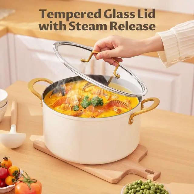 Alt view image 4 of 7 - 10 Quart Cooking Pot with Ceramic Coating, Non-Stick Stock Pot with Tempered Glass Lid, Large Soup Pot with Stainless Steel Handle, Induction Compatible Stockpot, Dishwasher Safe, Cream
