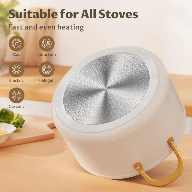 Alt view image 5 of 7 - 10 Quart Cooking Pot with Ceramic Coating, Non-Stick Stock Pot with Tempered Glass Lid, Large Soup Pot with Stainless Steel Handle, Induction Compatible Stockpot, Dishwasher Safe, Cream