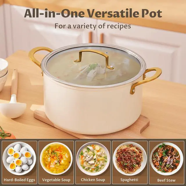 Alt view image 6 of 7 - 10 Quart Cooking Pot with Ceramic Coating, Non-Stick Stock Pot with Tempered Glass Lid, Large Soup Pot with Stainless Steel Handle, Induction Compatible Stockpot, Dishwasher Safe, Cream