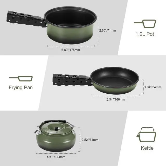 Alt view image 6 of 7 - 5pcs Camping Cookware Non-Stick Camping Pot and Pan Set with Kettle and Removable Handle for Hiking Backpacking and Picnic(Green)