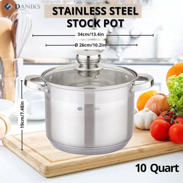 Alt view image 3 of 7 - Standard 10 Quart Stainless Steel Stock Pot with Glass Lid, Tri-Ply Bottom for Even Heating, Induction Compatible, Dishwasher Safe, Built-In Measuring Scale, Silver