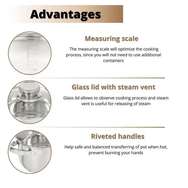 Alt view image 4 of 7 - Standard 10 Quart Stainless Steel Stock Pot with Glass Lid, Tri-Ply Bottom for Even Heating, Induction Compatible, Dishwasher Safe, Built-In Measuring Scale, Silver