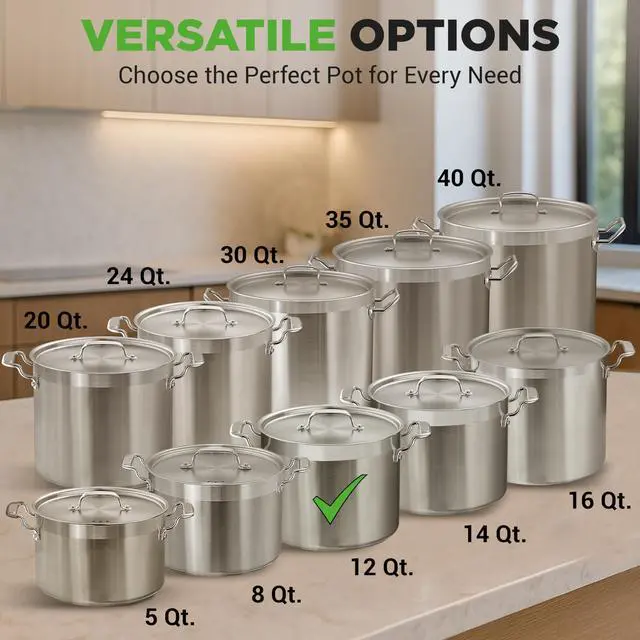 Alt view image 4 of 7 - 12-Quart Stainless Steel Stockpot with Stainless Steel Lid - 18/8 Food Grade Heavy Duty Large Stock Pot for Stew & Soup, Works w/Induction