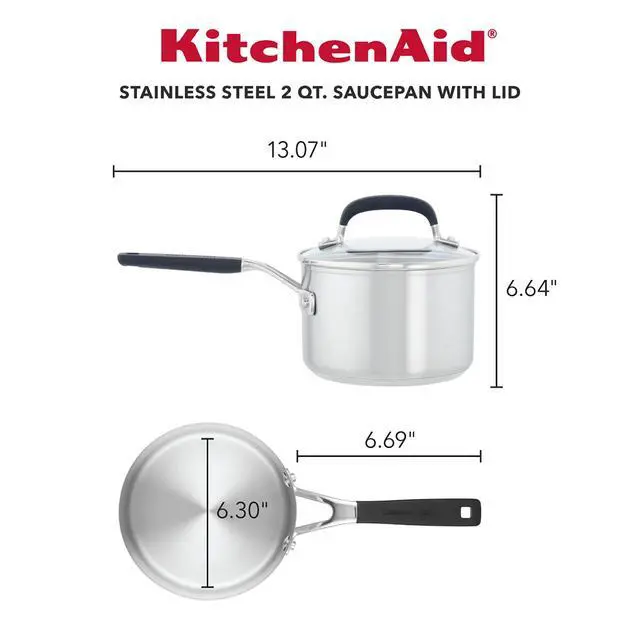 Alt view image 2 of 7 - Induction Stainless Steel Sauce Pan with Measuring Marks and Lid, 2-Quart, Brushed Stainless Steel