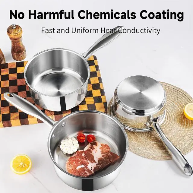Alt view image 2 of 7 - 1Qt & 2Qt Stainless Steel Sauce Pan Set with Lid,4 Pcs Non Stick Saucepan,Small Kitchen Pots,Induction Compatible,PFOA FREE