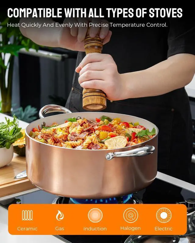 Alt view image 5 of 6 - Large 12 Quart Nonstick Cooking Pot with Lid, Induction Stock Pot, Soup Pot for All Stovetops, Non-toxic and Oven Safe, PFOA PFAS Free, Golden