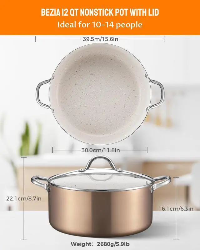 Alt view image 2 of 6 - Large 12 Quart Nonstick Cooking Pot with Lid, Induction Stock Pot, Soup Pot for All Stovetops, Non-toxic and Oven Safe, PFOA PFAS Free, Golden