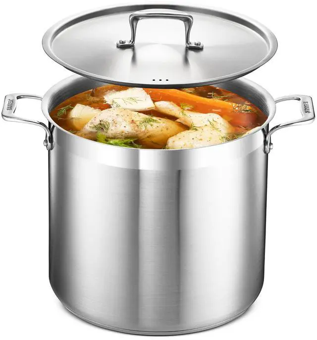 Main image of Stainless Steel Stockpot with Lid 16 Quart, Durable 18/8 Stainless Steel, Impact-Bonded Base for Even Heating, Riveted Handles, Oven & All Stove Compatible, Safe Up To 500°F (260°C)