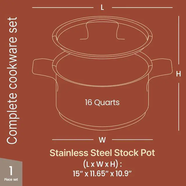 Alt view image 2 of 7 - Stainless Steel Stockpot with Lid 16 Quart, Durable 18/8 Stainless Steel, Impact-Bonded Base for Even Heating, Riveted Handles, Oven & All Stove Compatible, Safe Up To 500°F (260°C)