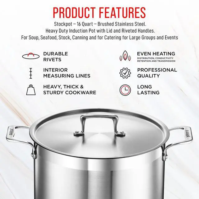 Alt view image 7 of 7 - Stainless Steel Stockpot with Lid 16 Quart, Durable 18/8 Stainless Steel, Impact-Bonded Base for Even Heating, Riveted Handles, Oven & All Stove Compatible, Safe Up To 500°F (260°C)