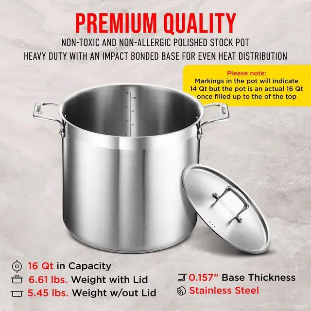 Alt view image 6 of 7 - Stainless Steel Stockpot with Lid 16 Quart, Durable 18/8 Stainless Steel, Impact-Bonded Base for Even Heating, Riveted Handles, Oven & All Stove Compatible, Safe Up To 500°F (260°C)