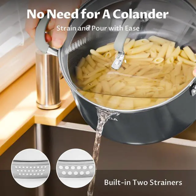 Alt view image 2 of 7 - 6 Quart Nonstick Stock Pot with Lid, PFAS-Free Ceramic Soup Pot, Multipurpose Pasta Pot with Strainer Lid, Induction Cooking Pot, Silicone Handle, Compatible with All Cooktops, Dishwasher Safe