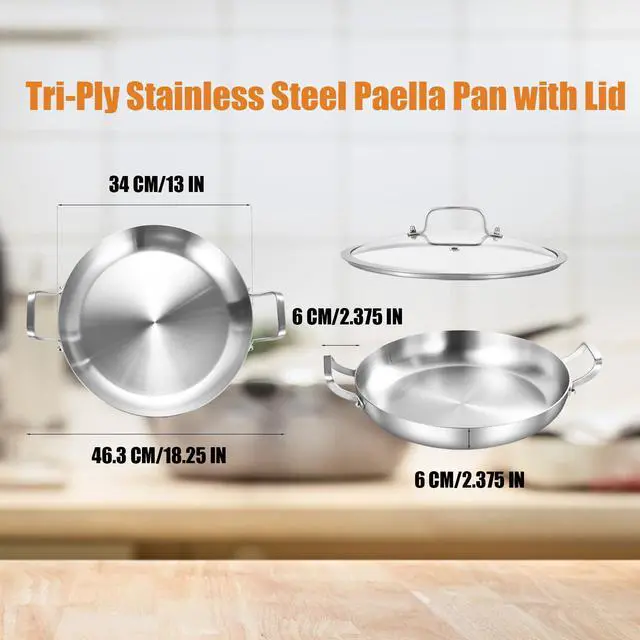 Alt view image 3 of 6 - 13 Inch Stainless Steel Paella Pan with Lid, Large Frying Pan Skillet with Double Riveted Handles, Wide Shallow Paellera for Stovetop, Induction Compatible, Oven Safe, Dishwasher Safe