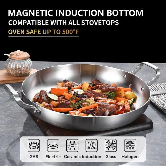 Alt view image 4 of 6 - 13 Inch Stainless Steel Paella Pan with Lid, Large Frying Pan Skillet with Double Riveted Handles, Wide Shallow Paellera for Stovetop, Induction Compatible, Oven Safe, Dishwasher Safe